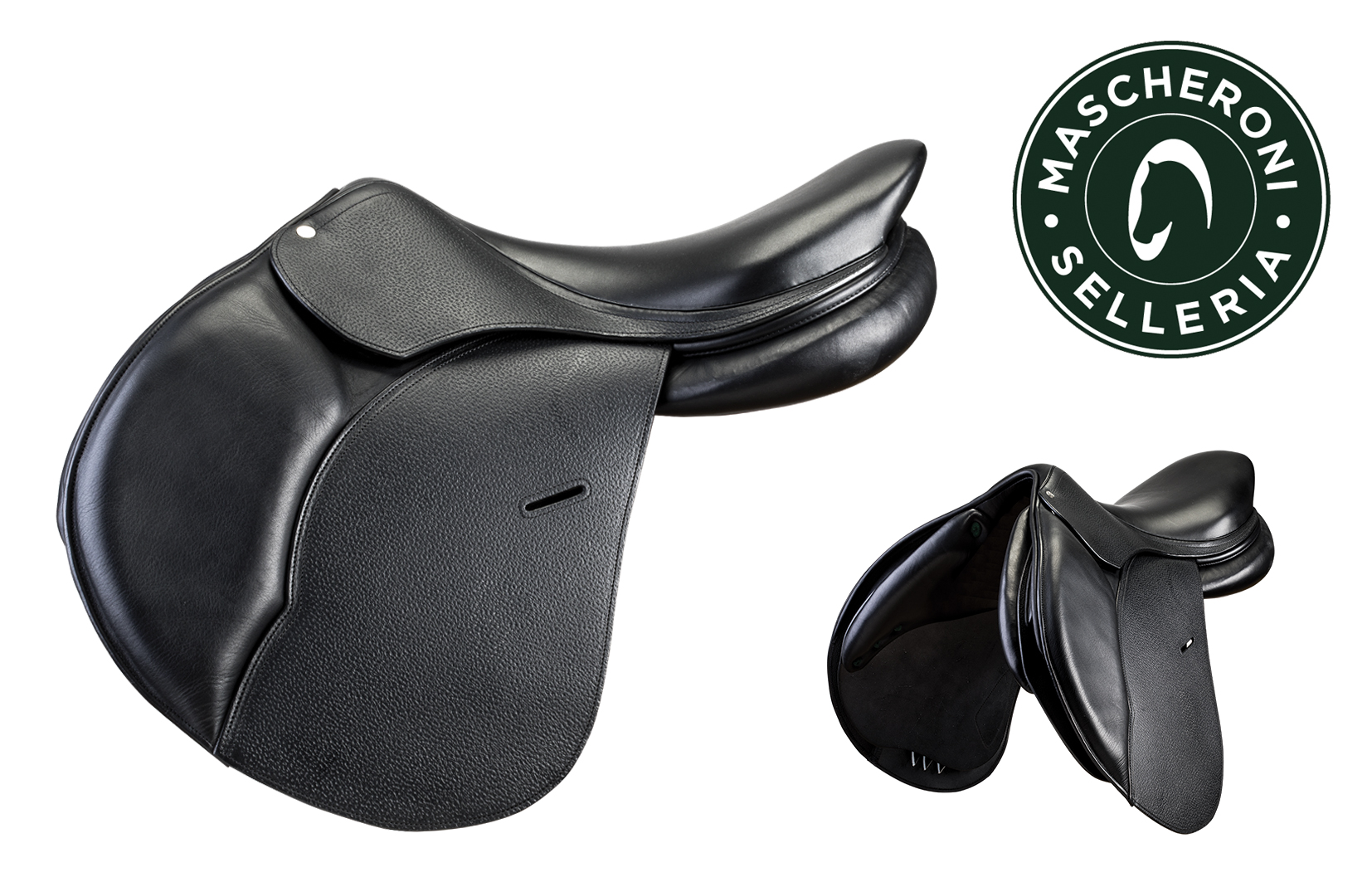 La sella Mascheroni da Salto Ostacoli modello Ma01 per uso professionale, fa parte della gamma di selle da equitazione Mascheroni. colore nero
