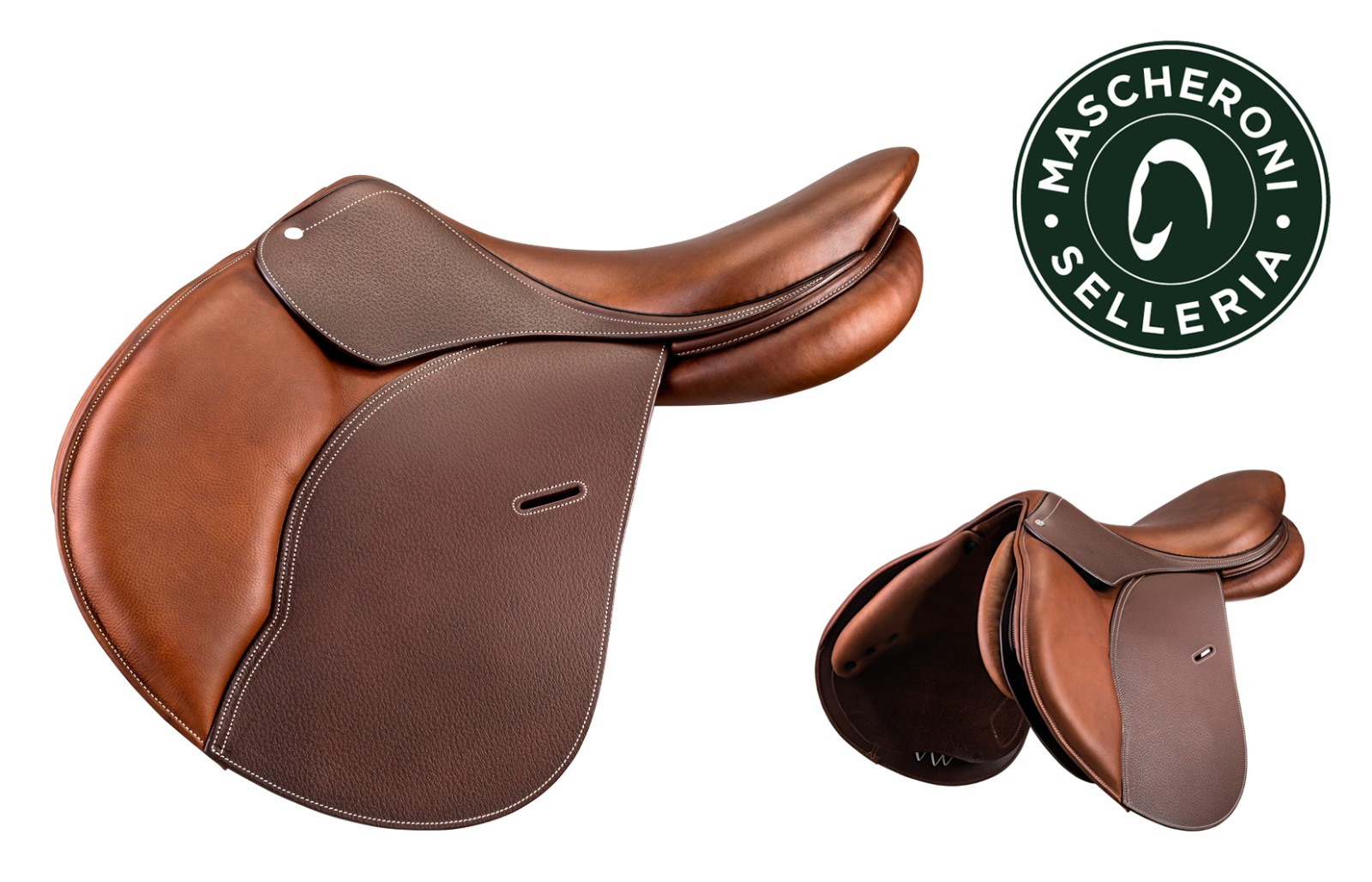 La sella Mascheroni da Salto Ostacoli modello Ma01 per uso professionale, fa parte della gamma di selle da equitazione Mascheroni. colore light brown